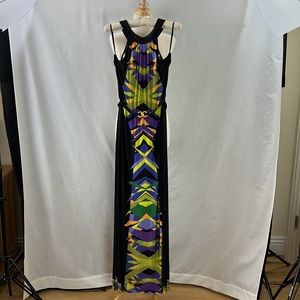BCBGMAXAZARIA Shoulderless Maxi Dress Black & Graphic Multi Neon Size Medium NWT